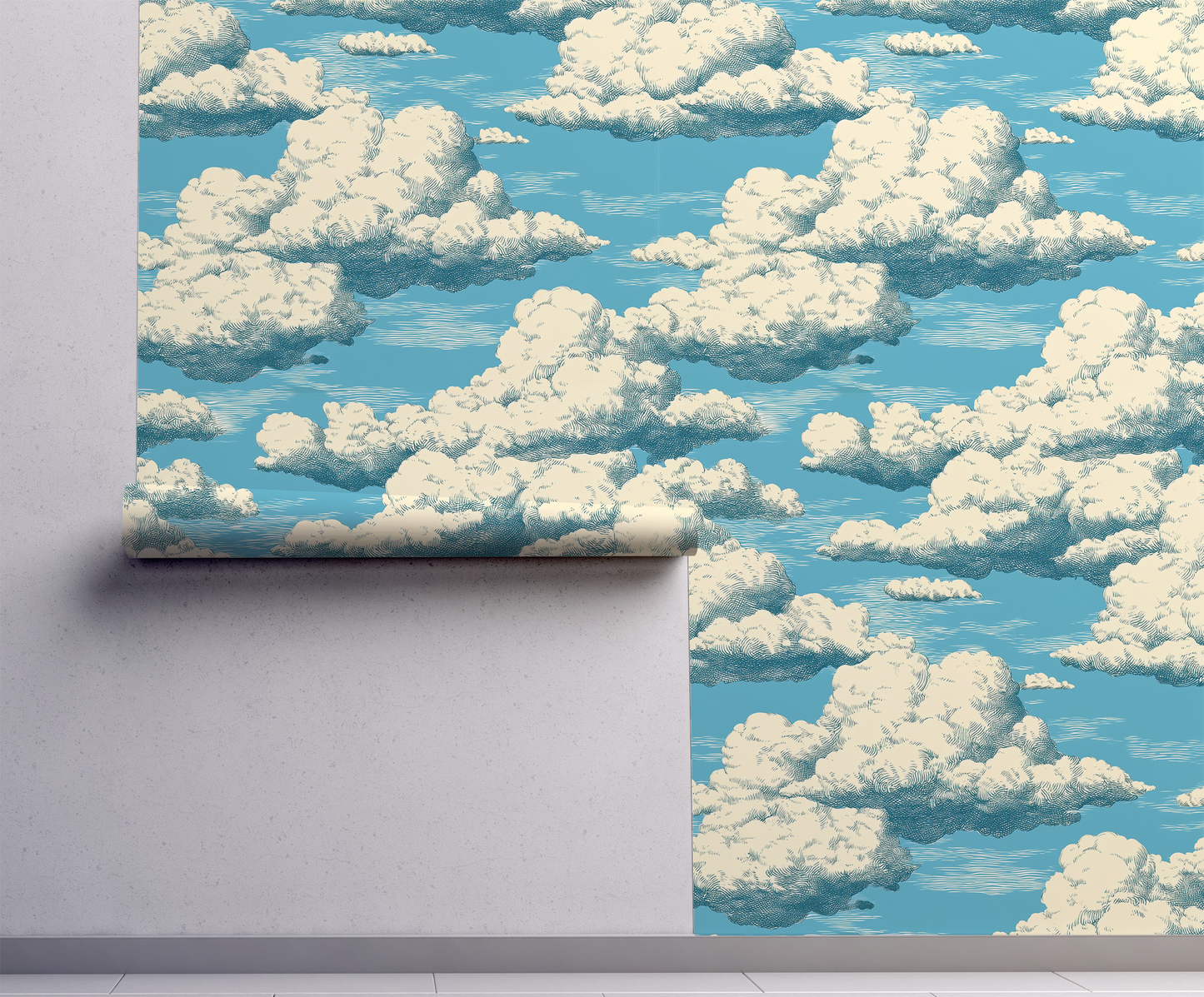 Vintage cloud sky wallpaper with fluffy white clouds drifting across a bright blue sky on wall