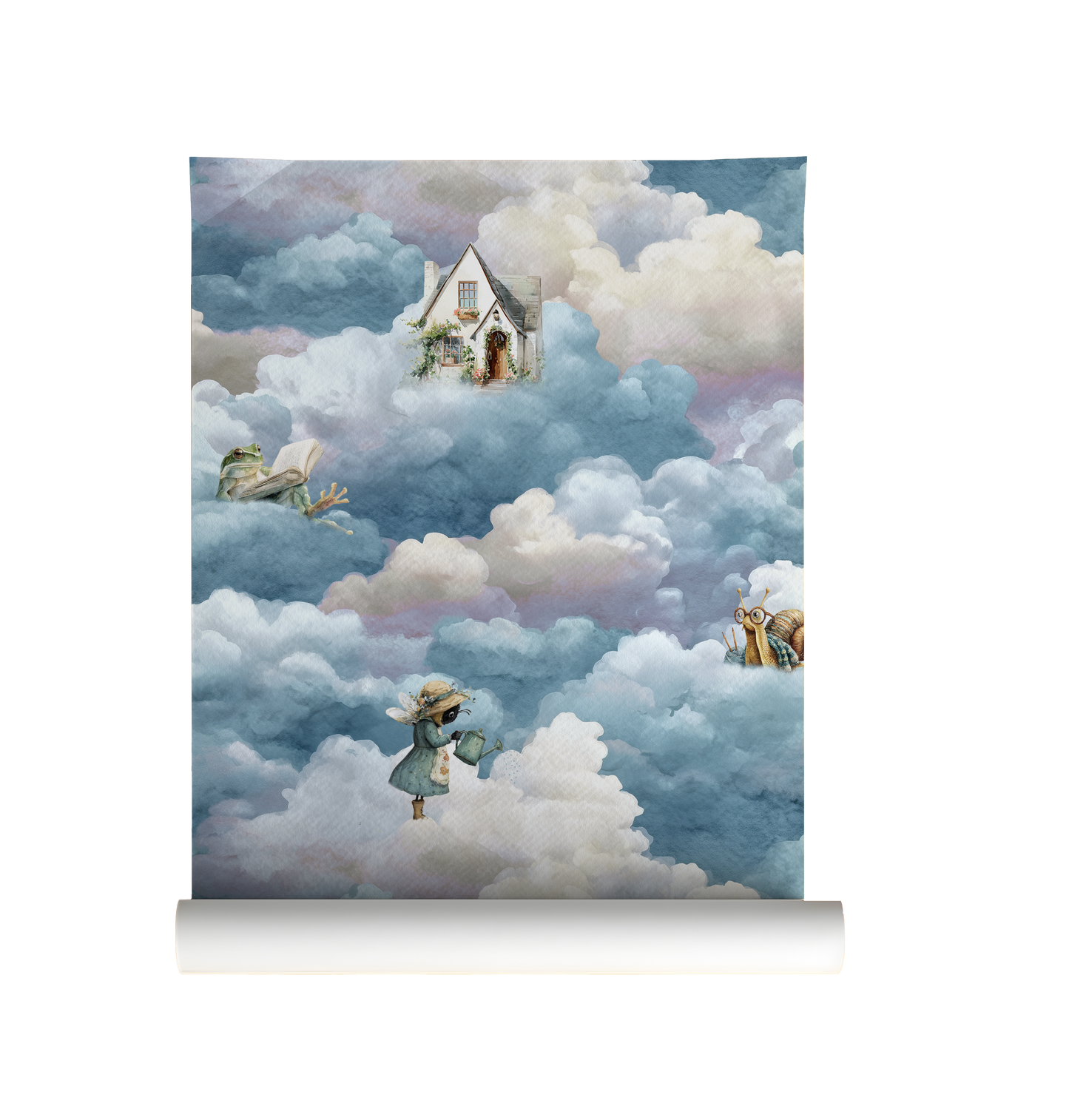 Whimsical cloud wallpaper roll with floating cottage, bee, snail, and frog among soft blue storybook clouds