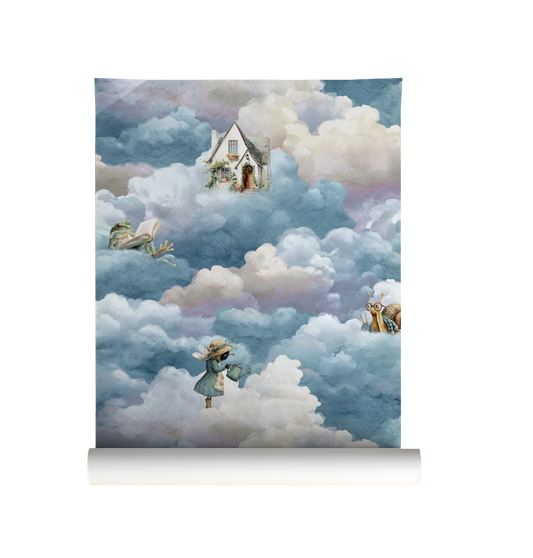 Whimsical cloud wallpaper roll with floating cottage, bee, snail, and frog among soft blue storybook clouds