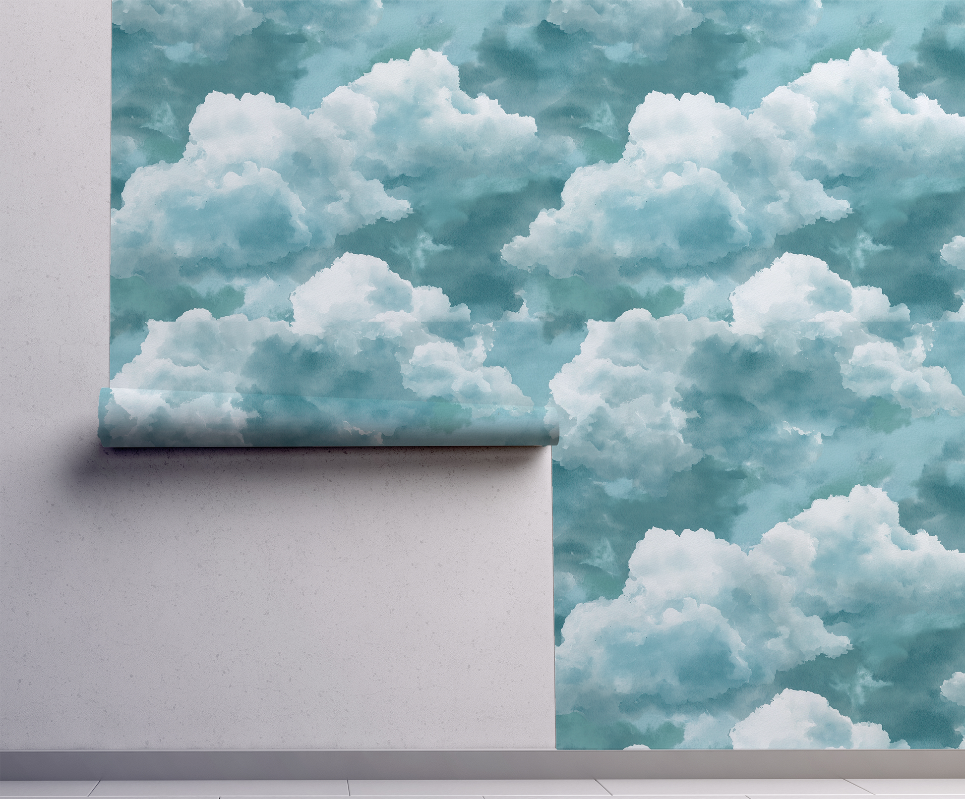 Soft blue cloud wallpaper with dreamy painted clouds in a misty sky pattern On wall