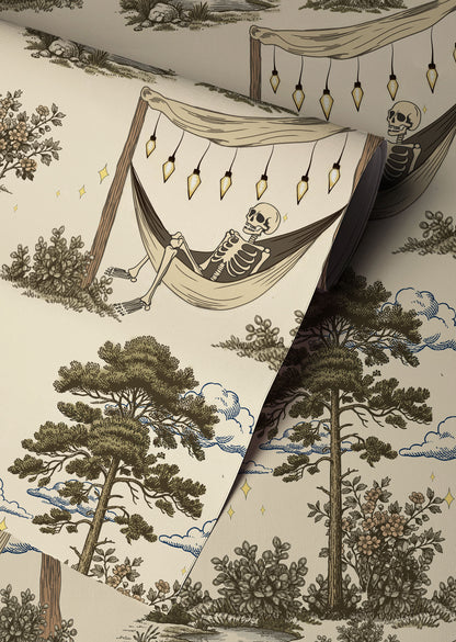 Gothic CottageCore Toile | Camping Skeleton Wallpaper