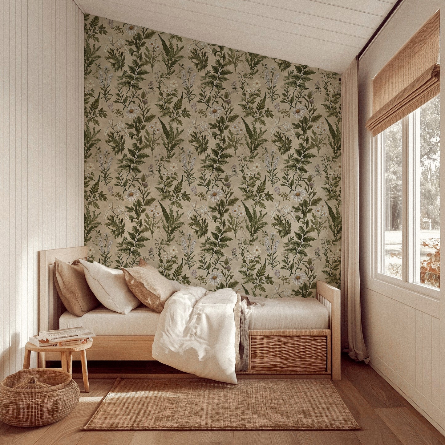 Botanical wallpaper with soft green leaves and ivory wildflowers on a parchment-toned background, perfect for Cottagecore kitchens and reading spaces