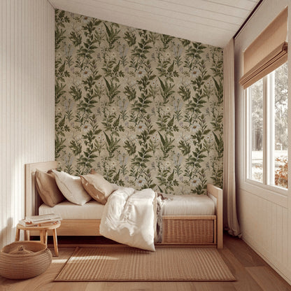 Botanical wallpaper with soft green leaves and ivory wildflowers on a parchment-toned background, perfect for Cottagecore kitchens and reading spaces