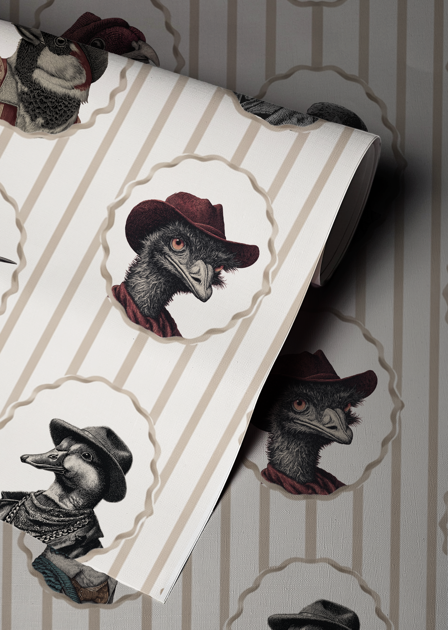 Vintage bird portrait wallpaper with animals in hats, striped background, whimsical cottagecore bird wall decor peel and stick up close