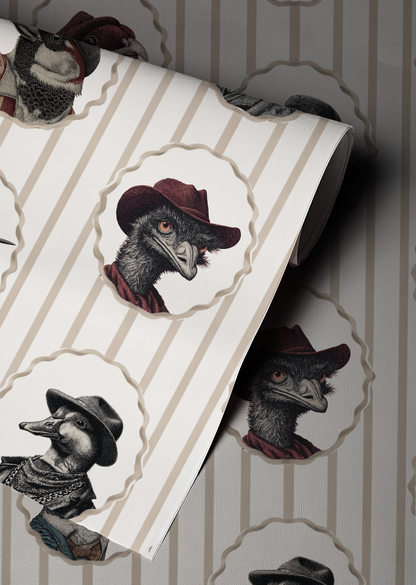Vintage bird portrait wallpaper with animals in hats, striped background, whimsical cottagecore bird wall decor peel and stick up close