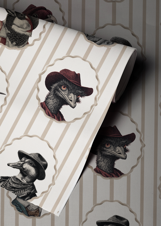 Vintage bird portrait wallpaper with animals in hats, striped background, whimsical cottagecore bird wall decor peel and stick up close