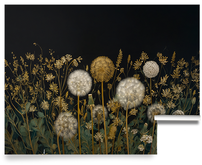Folk Art Dandelions – Dark Botanical Wallpaper Mural