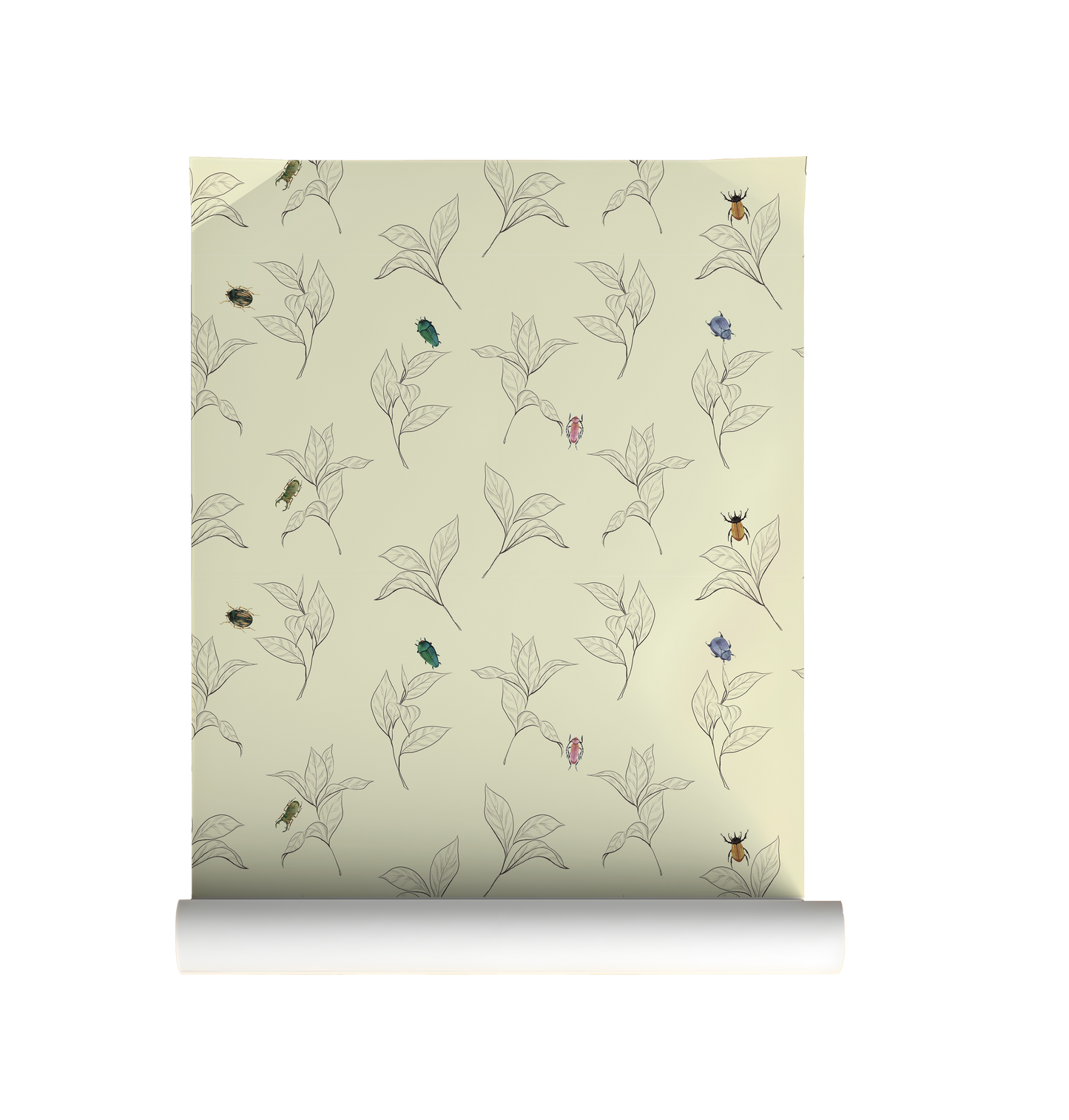 Roll of wallpaper with a floral and insect pattern on a beige background