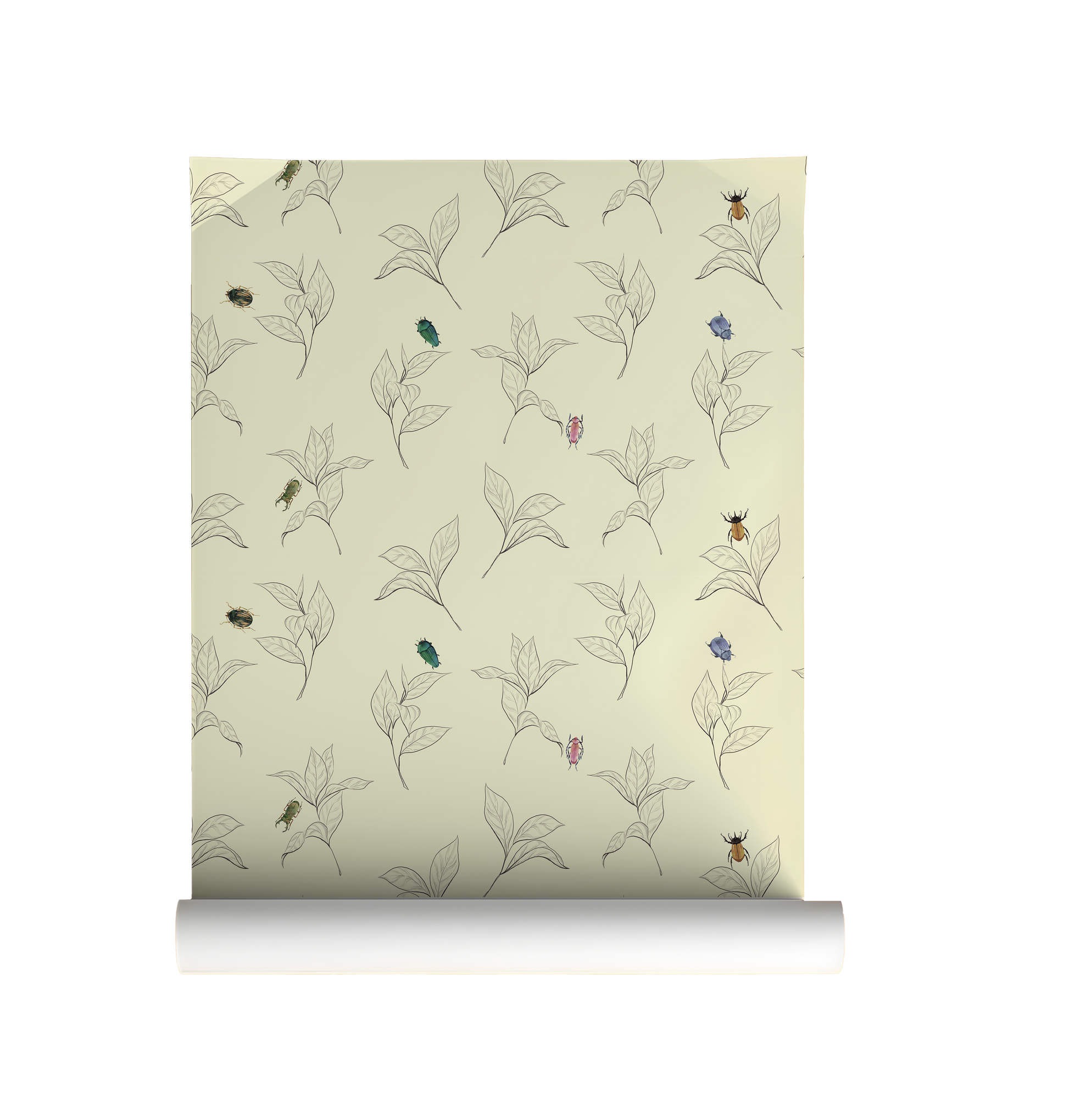 Roll of wallpaper with a floral and insect pattern on a beige background