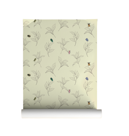 Roll of wallpaper with a floral and insect pattern on a beige background