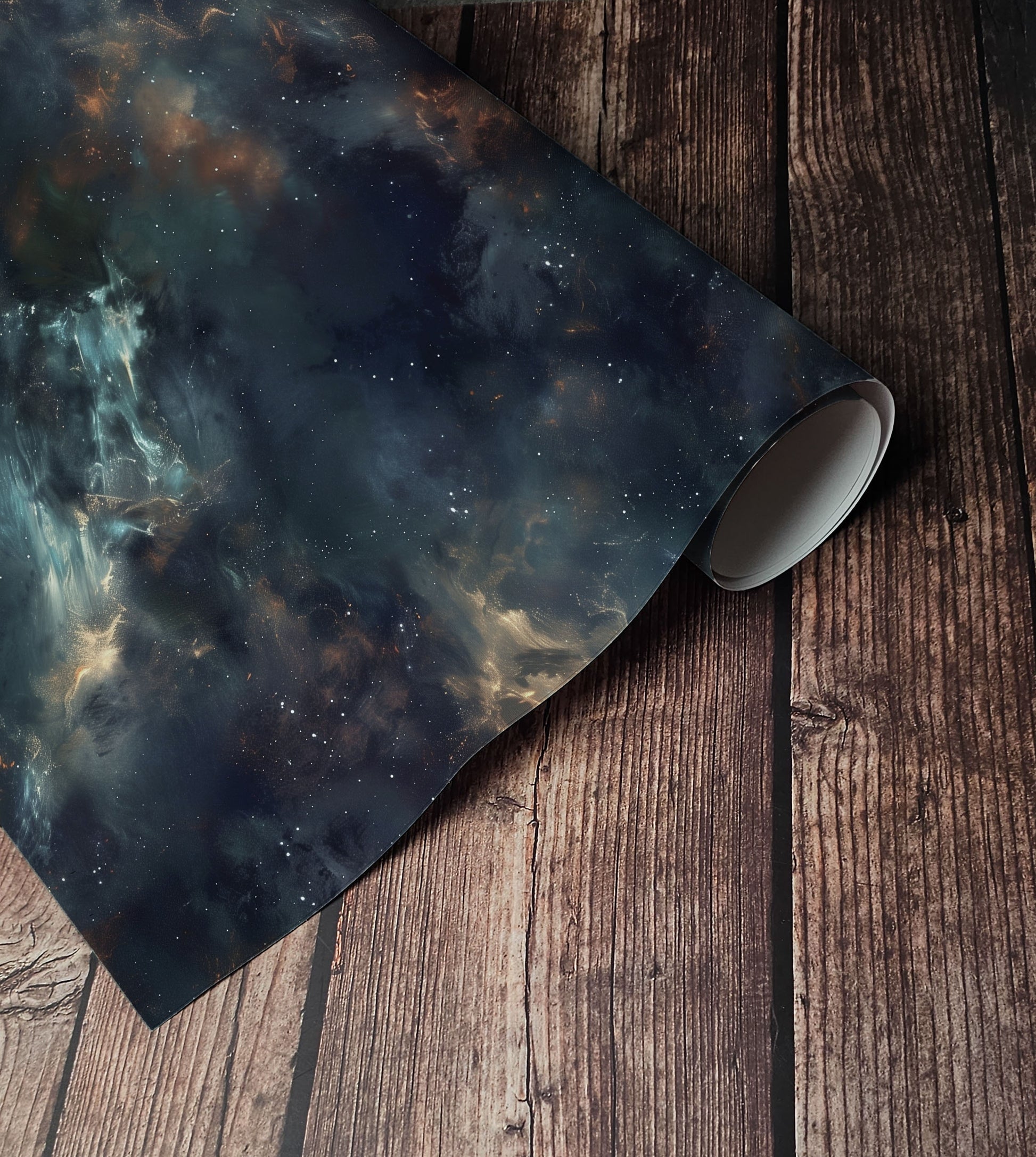 Peel and stick wallpaper with swirling galaxy design, stars, and nebula tones in teal, gold, and midnight blue for celestial interiors