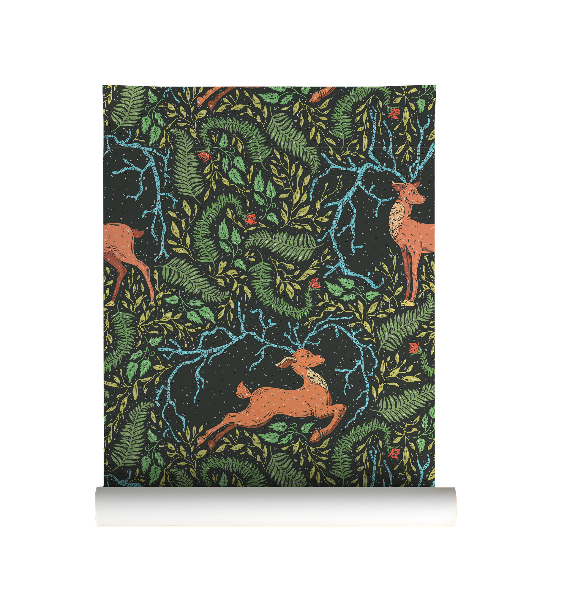 Dark woodland deer wallpaper featuring copper-colored deer, lush ferns, twisting branches, and forest foliage on a black background on roll