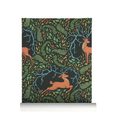 Dark woodland deer wallpaper featuring copper-colored deer, lush ferns, twisting branches, and forest foliage on a black background on roll