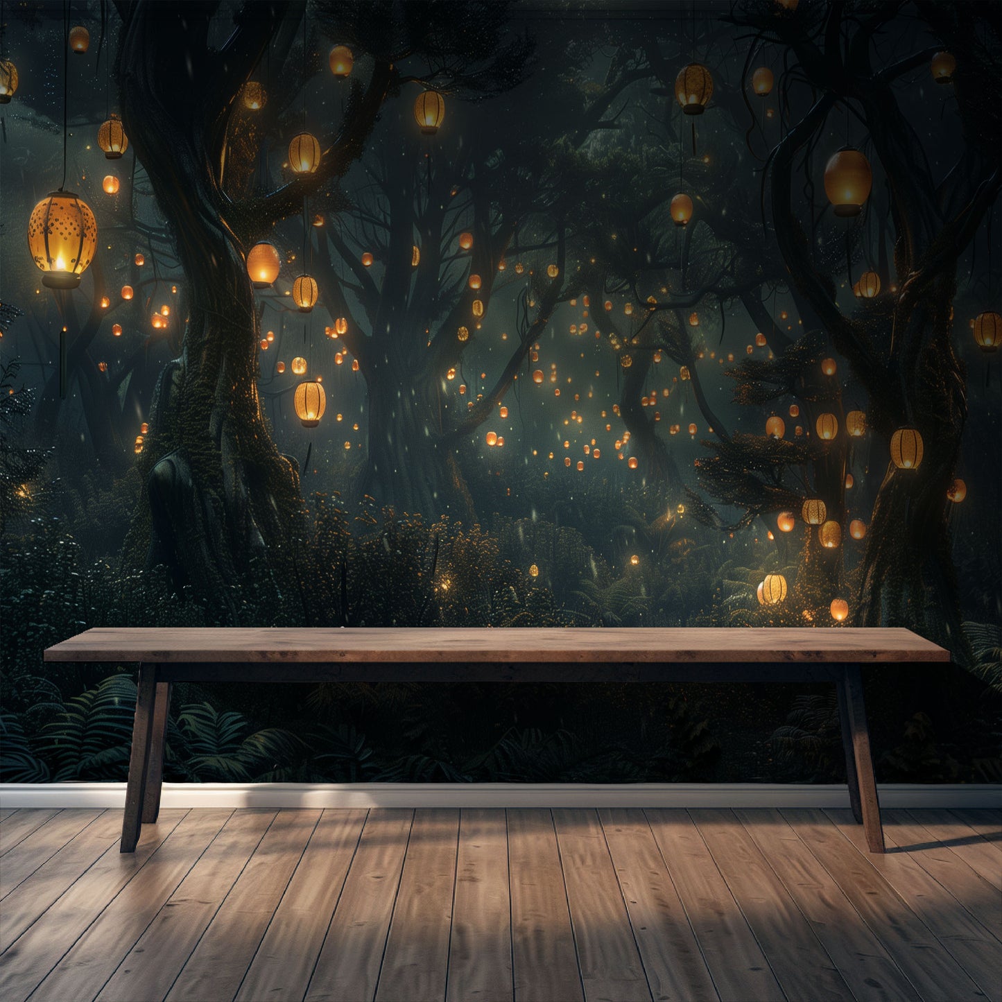A mural depicting a dark, mystical forest at night with lanterns hanging from the trees, projected behind a wooden bench.