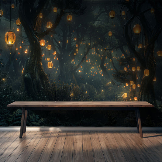 A mural depicting a dark, mystical forest at night with lanterns hanging from the trees, projected behind a wooden bench.