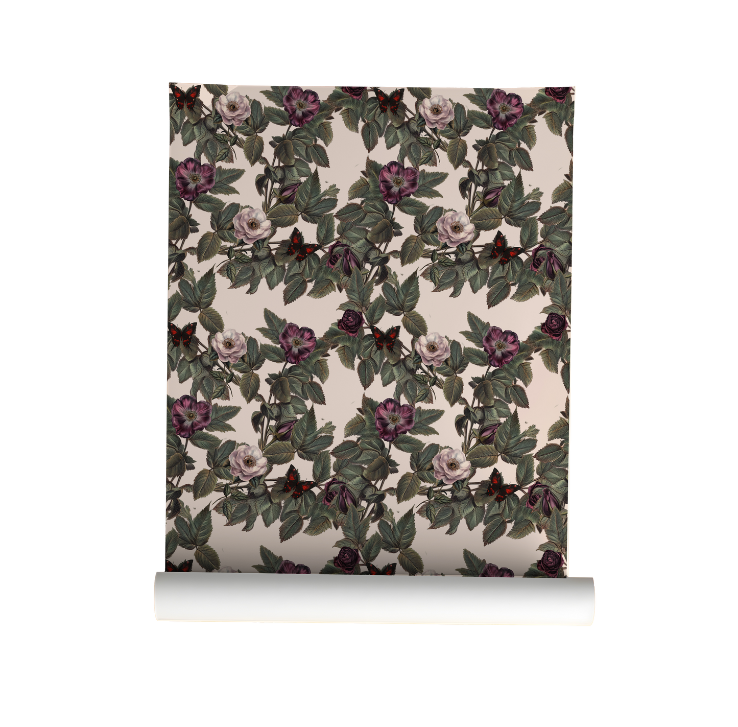 Vampire butterfly wallpaper with moody black and burgundy butterflies among vintage-style roses and green foliage on a soft blush background on roll
