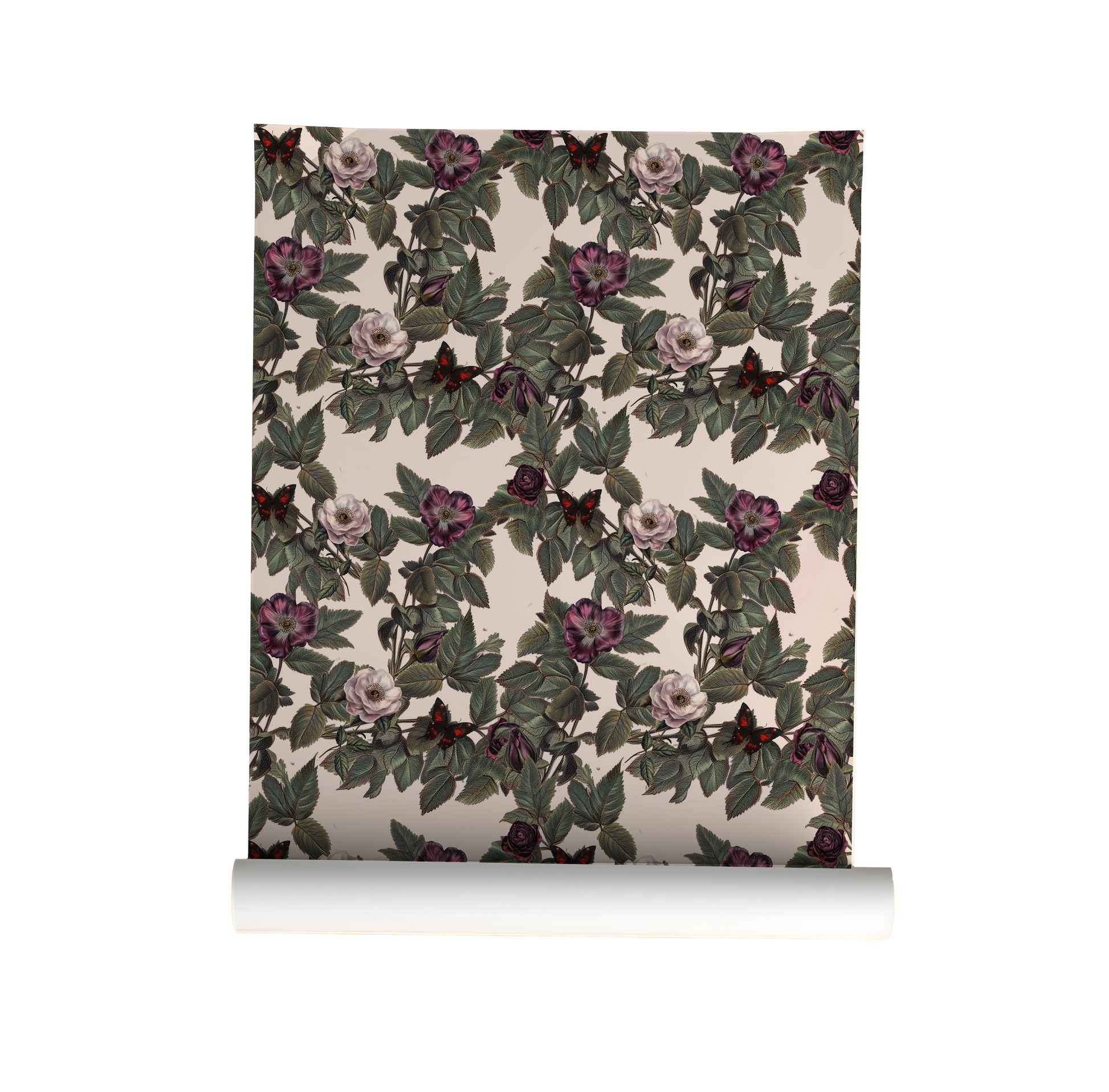 Vampire butterfly wallpaper with moody black and burgundy butterflies among vintage-style roses and green foliage on a soft blush background on roll