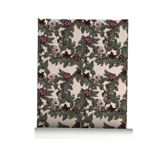 Vampire butterfly wallpaper with moody black and burgundy butterflies among vintage-style roses and green foliage on a soft blush background on roll