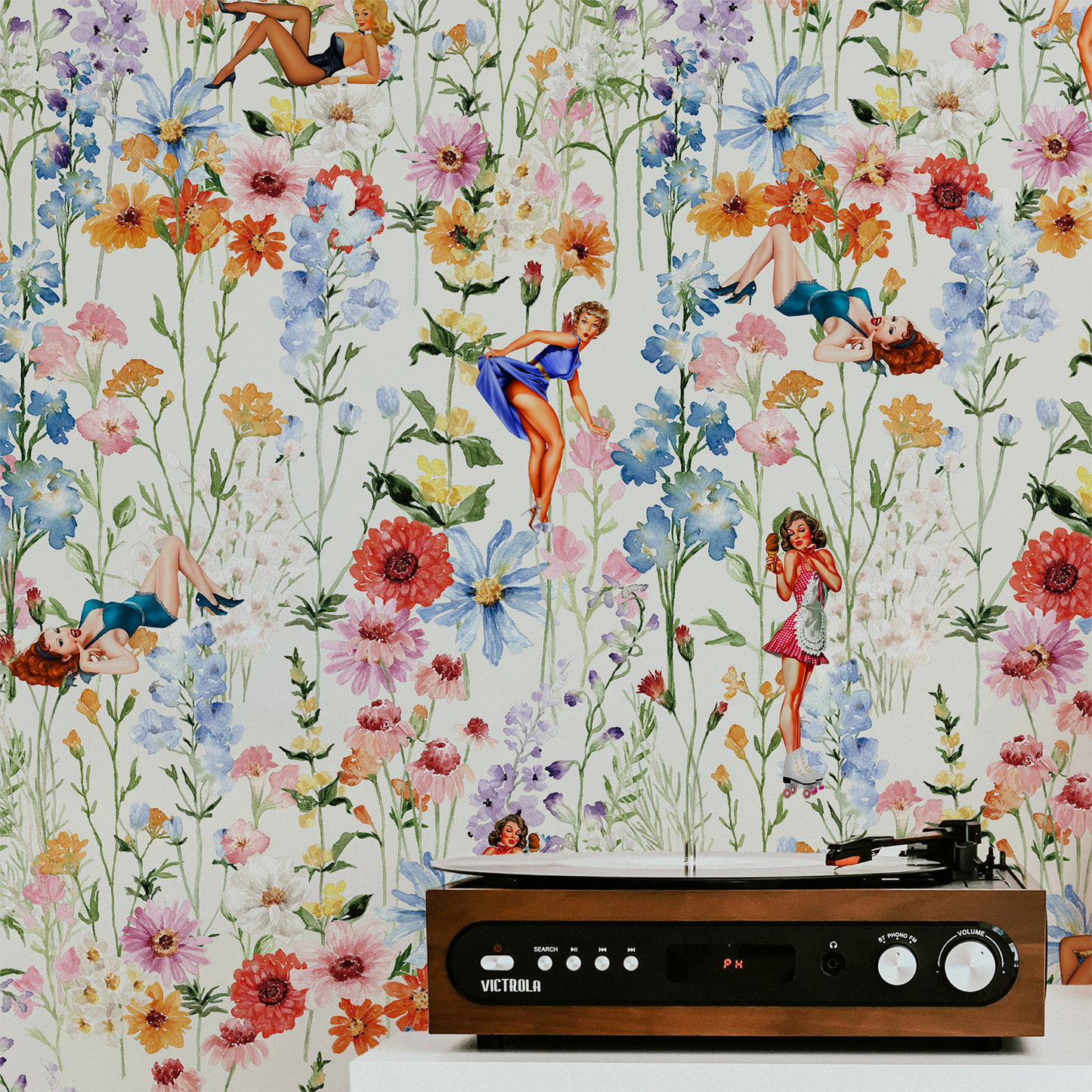 Retro pin up girl wallpaper featuring colorful watercolor wildflowers and vintage pin up illustrations on a bright white background.