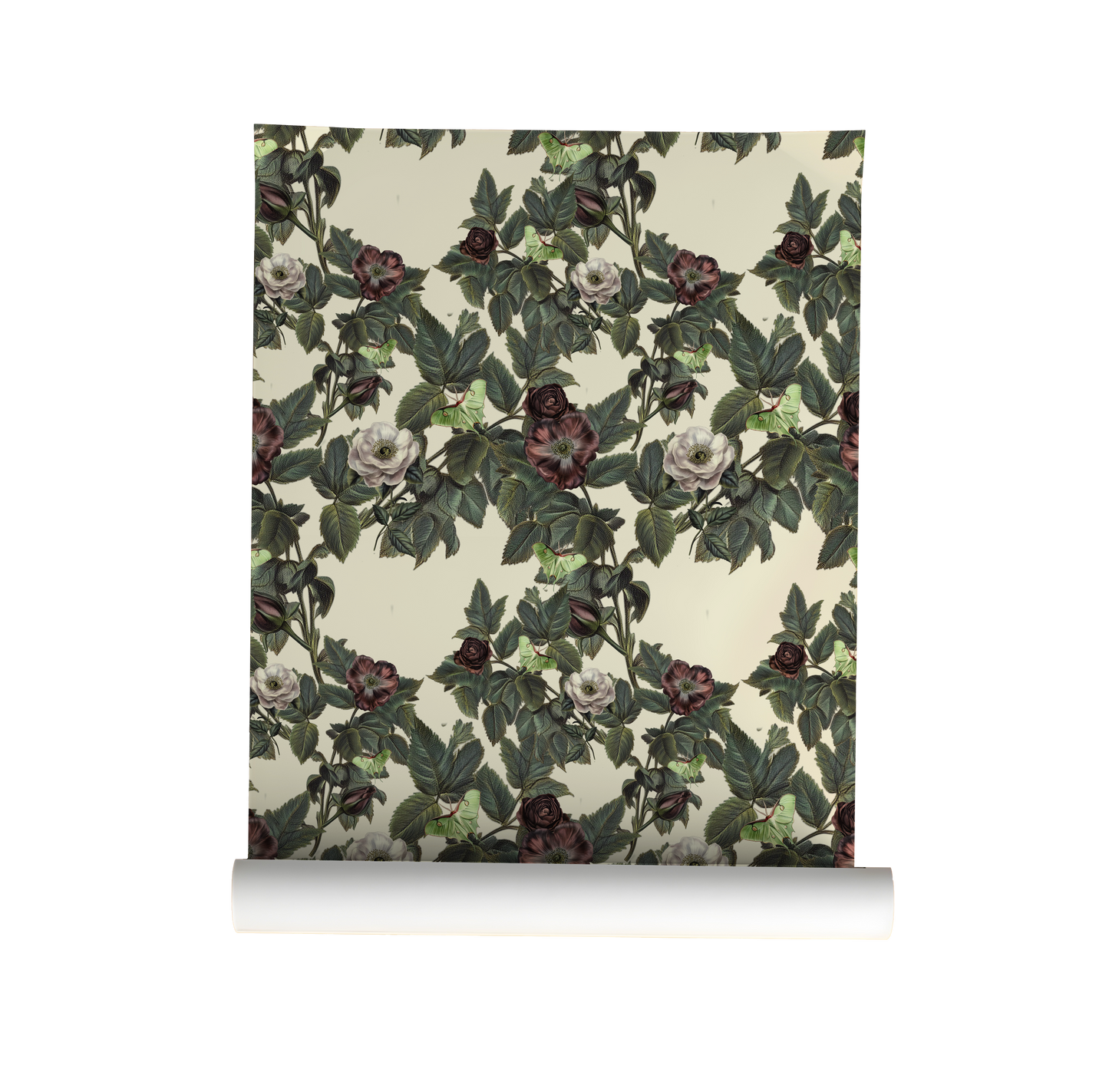 Luna Moth wallpaper with pale green moths, dusty mauve and cream roses, and deep green foliage on a warm ivory background on roll