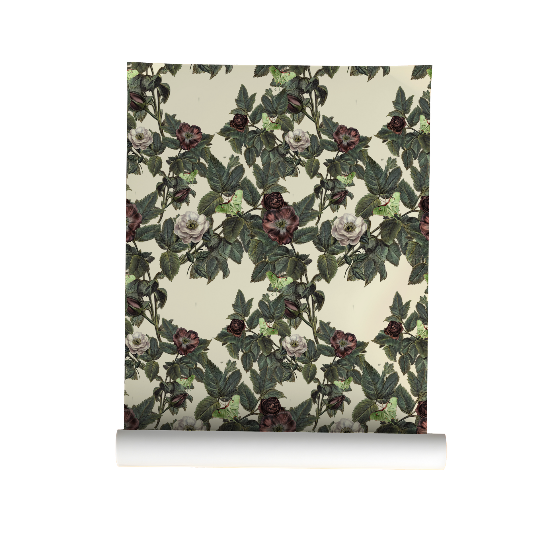 Luna Moth wallpaper with pale green moths, dusty mauve and cream roses, and deep green foliage on a warm ivory background on roll