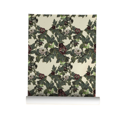 Luna Moth wallpaper with pale green moths, dusty mauve and cream roses, and deep green foliage on a warm ivory background on roll