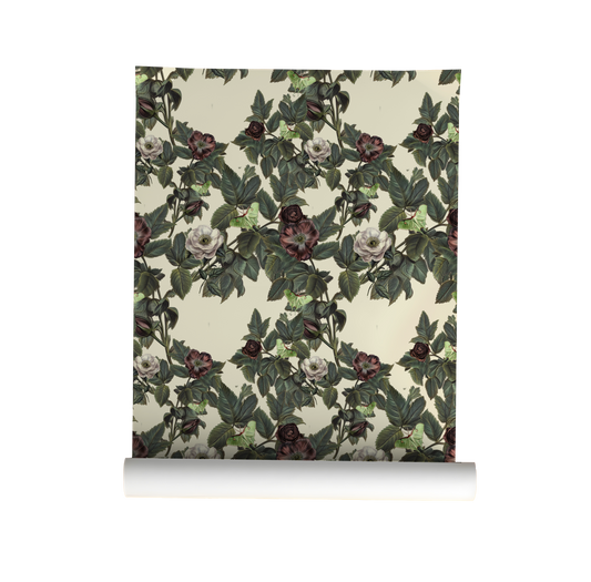Luna Moth wallpaper with pale green moths, dusty mauve and cream roses, and deep green foliage on a warm ivory background on roll