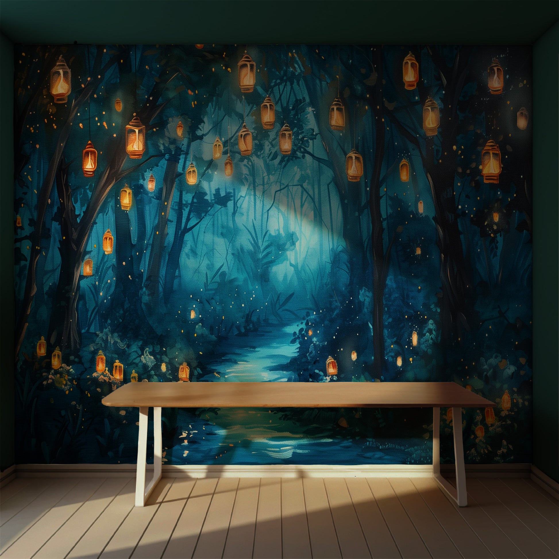 Magical forest mural with glowing lanterns floating above a blue woodland path, perfect for moody Cottagecore bedrooms or reading spaces