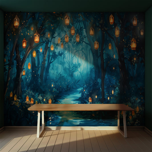 Magical forest mural with glowing lanterns floating above a blue woodland path, perfect for moody Cottagecore bedrooms or reading spaces