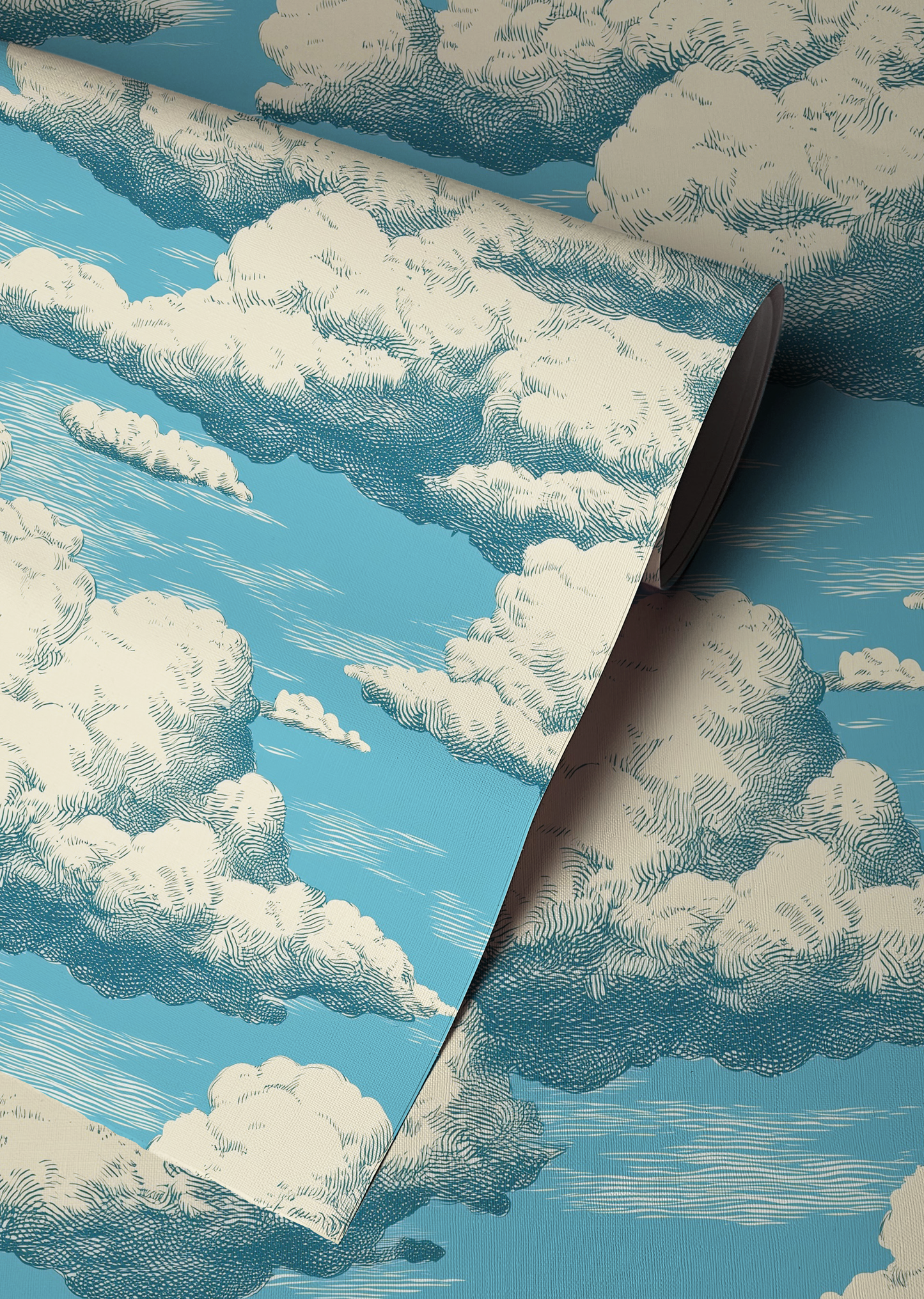 Vintage cloud sky wallpaper with fluffy white clouds drifting across a bright blue sky up close