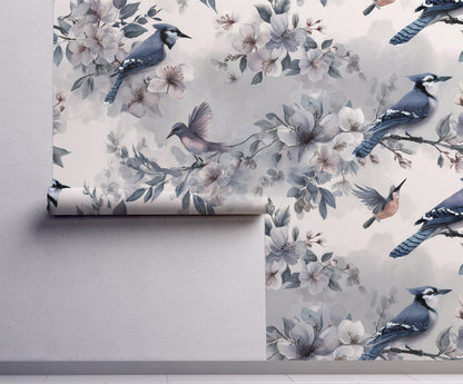 Blue Jay and Hummingbird Wallpaper