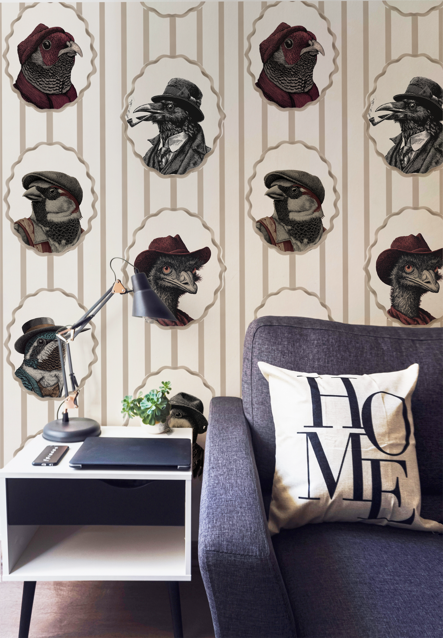 Vintage bird portrait wallpaper with animals in hats, striped background, whimsical cottagecore bird wall decor peel and stick on wall