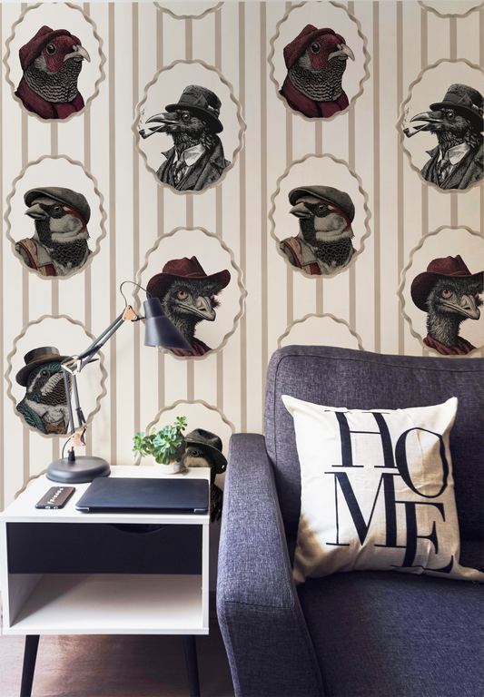 Vintage bird portrait wallpaper with animals in hats, striped background, whimsical cottagecore bird wall decor peel and stick on wall