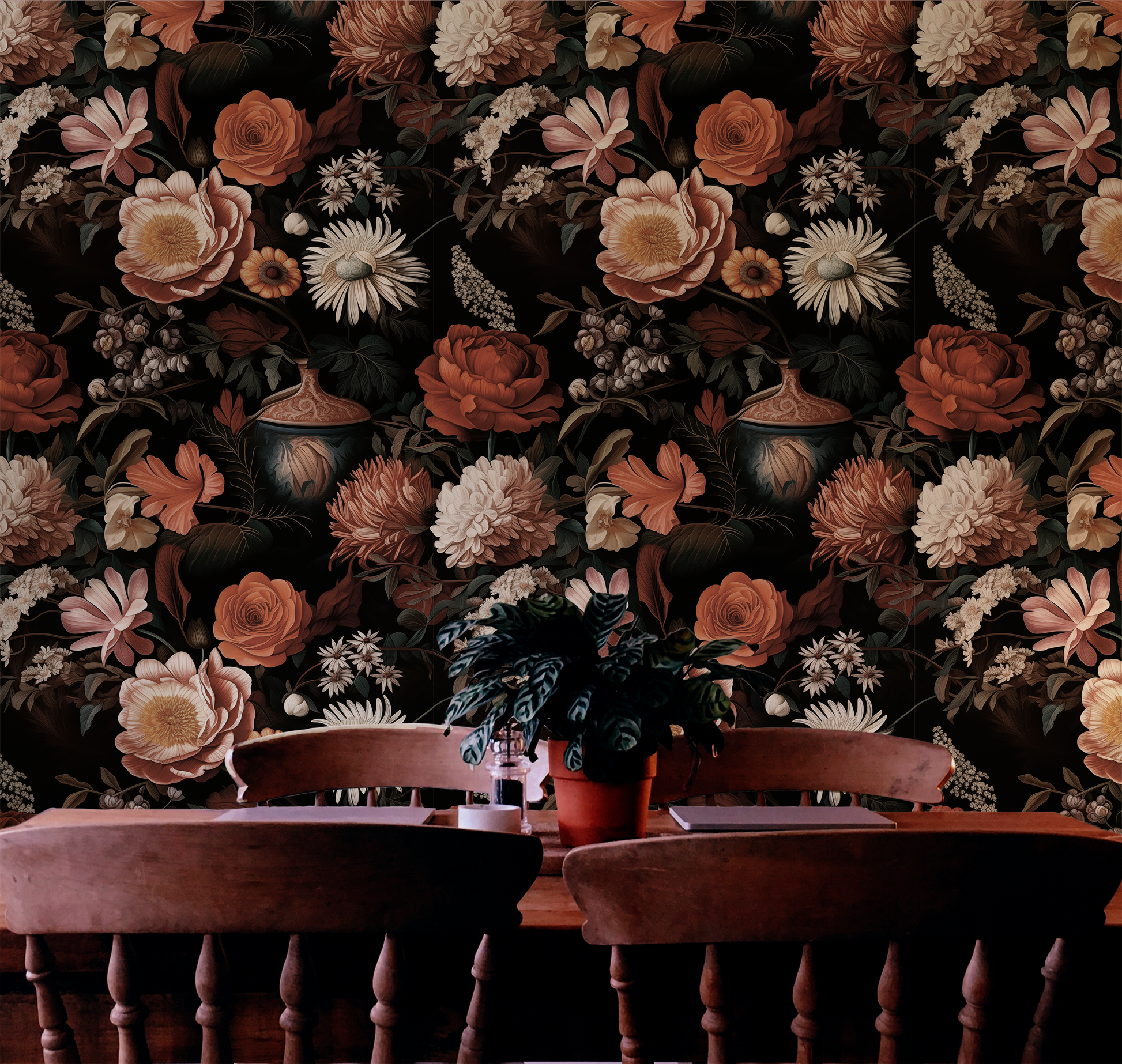 Bold floral wallpaper with coral, blush, and ivory flowers on a black background, ideal for moody Cottagecore bedrooms, dining rooms, or studios room