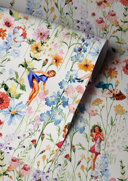 Retro pin up girl wallpaper featuring colorful watercolor wildflowers and vintage pin up illustrations on a bright white background.