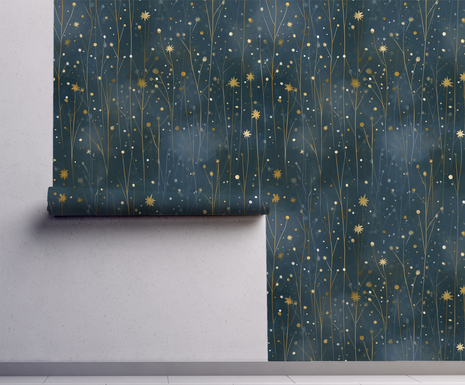 Dark starry meadow wallpaper with delicate wildflower stems and golden stars on a deep blue background