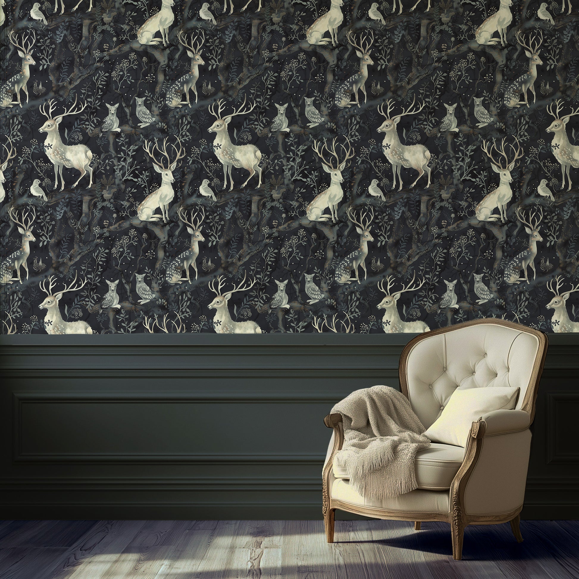 Dark woodland wallpaper with deer, foxes, and birds among branches and indigo leaves, perfect for romantic Cottagecore bedrooms and magical reading spaces