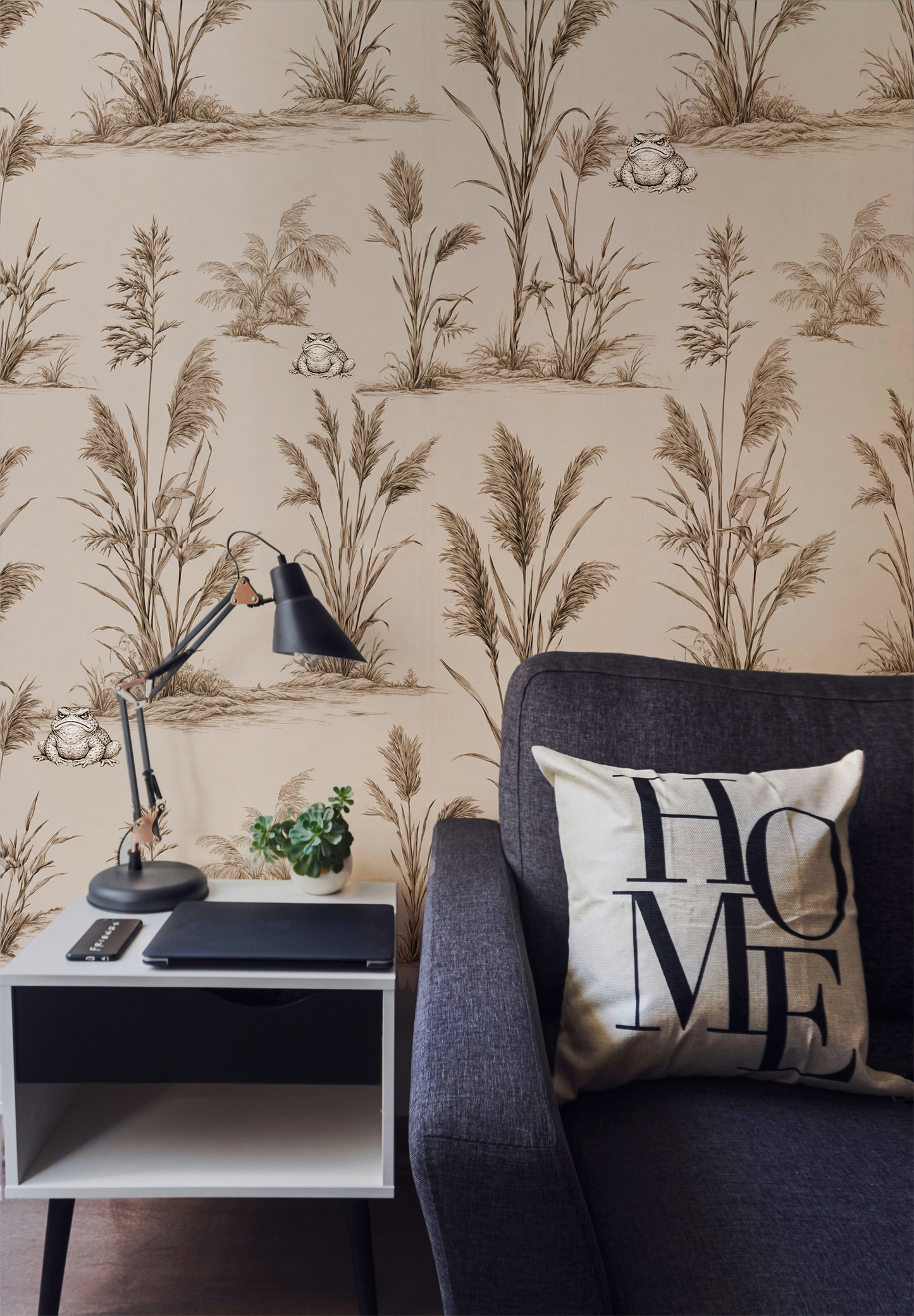 Vintage toad wallpaper with botanical reeds and grasses, sepia nature illustration, moody cottagecore wall design with whimsical frog in living room