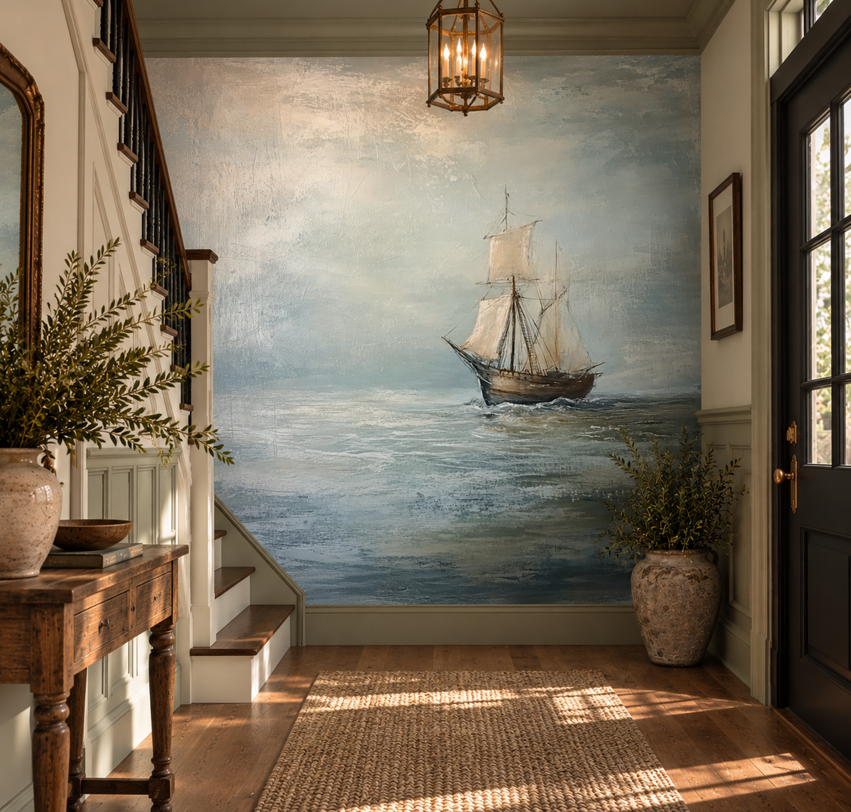 Vintage sailing ship wall mural featuring a weathered wooden ship with ivory sails crossing a misty blue-grey ocean beneath an atmospheric sky in entryway