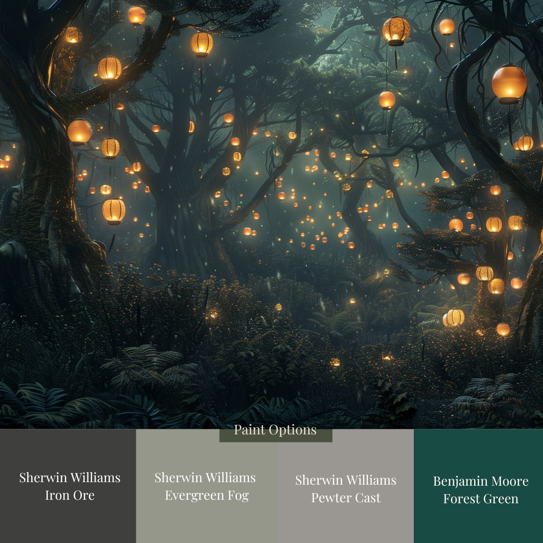 A mural featuring a dark, mystical forest illuminated by glowing lanterns, with a serene and ethereal glow. The image shows the mural with different paint options.