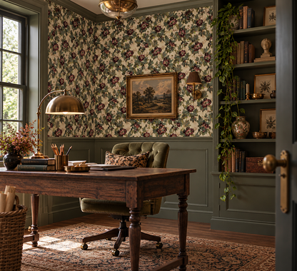 Luna Moth Botanical Wallpaper Peel and Stick - Moody Floral Design
