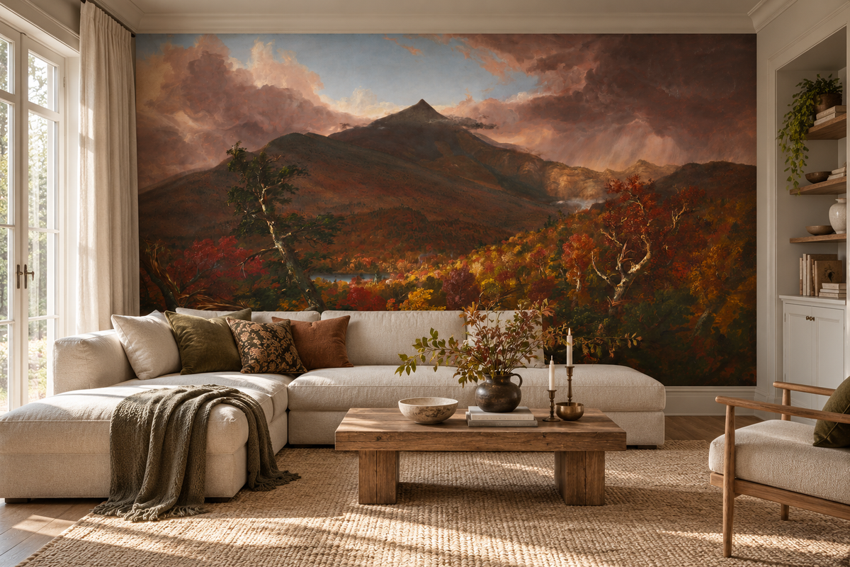 Moody mountain landscape mural with dramatic pink storm clouds, dark mountain peaks and richly coloured autumn forests in living room