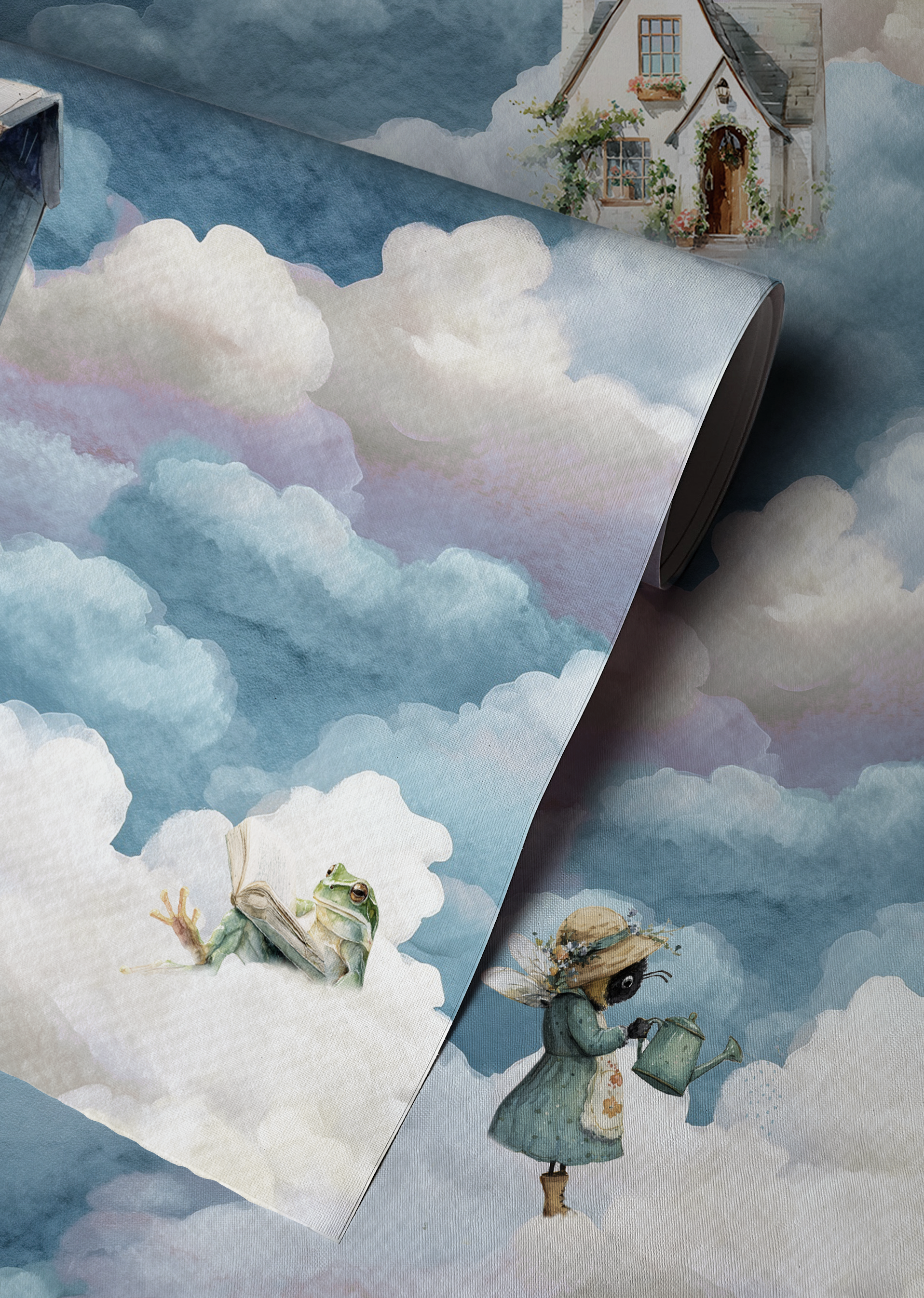 Whimsical cloud wallpaper with floating cottage, bee, snail, and frog among soft blue storybook clouds Up close