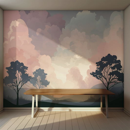 Landscape Mural. This serene landscape design features soft, pastel-hued clouds rolling through the sky, accented by the gentle silhouettes of trees, creating a peaceful, dreamlike atmosphere. Perfect for bedrooms, meditation spaces, or living areas, this wallpaper brings the calm of dawn or dusk into your home, making it an ideal choice for those who seek a serene, nature-inspired aesthetic.