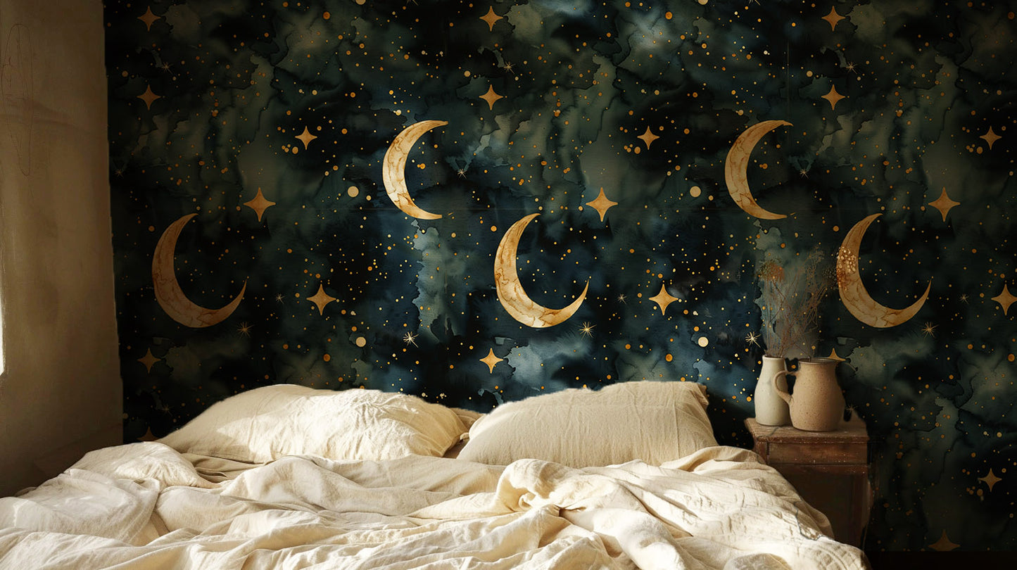 Crescent Moon -  Dark Celestial Watercolor Wallpaper