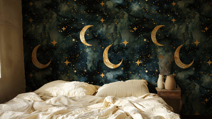 Crescent Moon -  Dark Celestial Watercolor Wallpaper