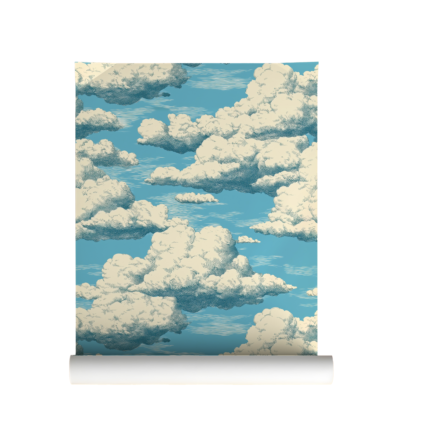 Roll of wallpaper with a design of fluffy white clouds against a blue sky.