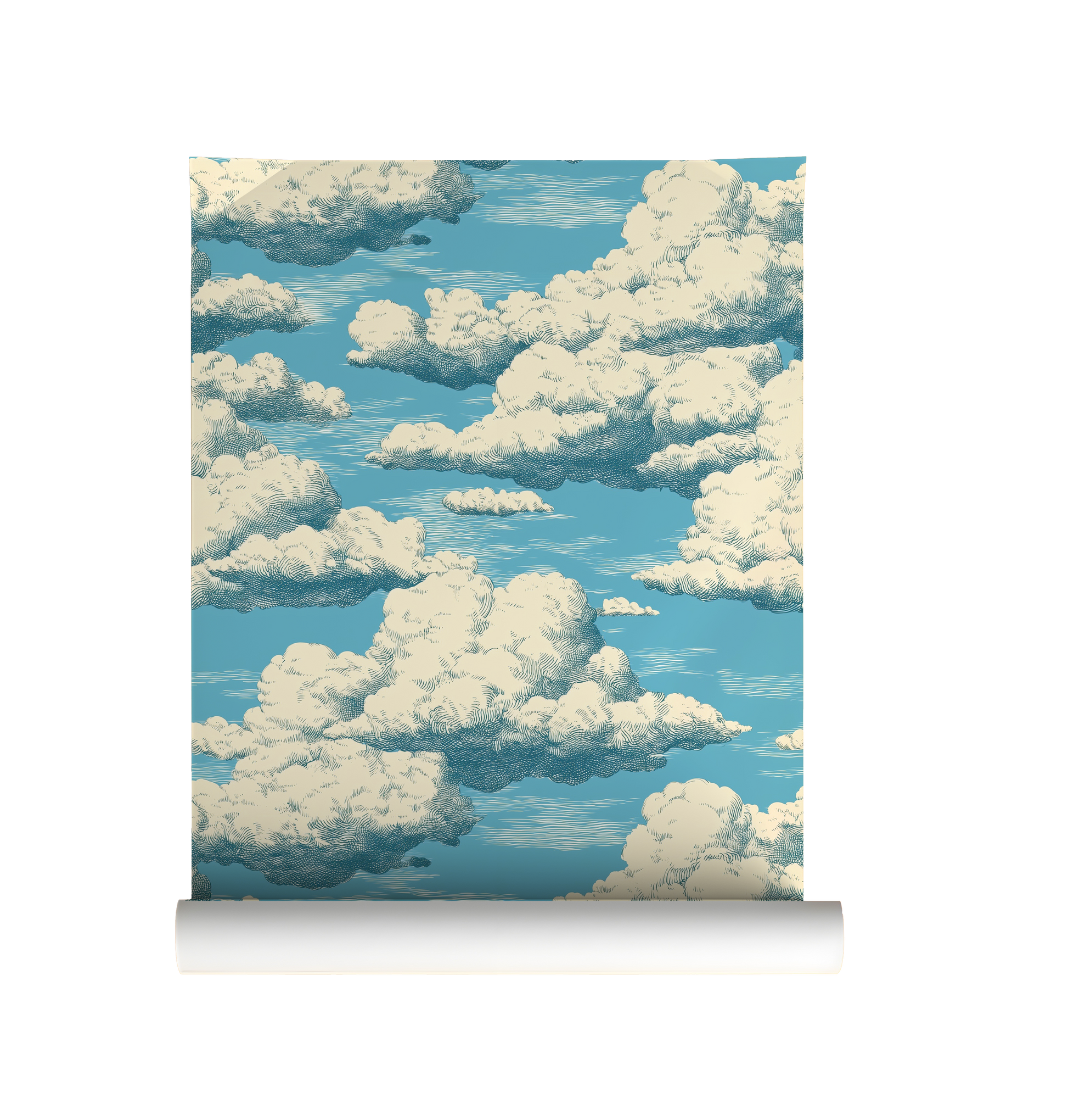 Roll of wallpaper with a design of fluffy white clouds against a blue sky.