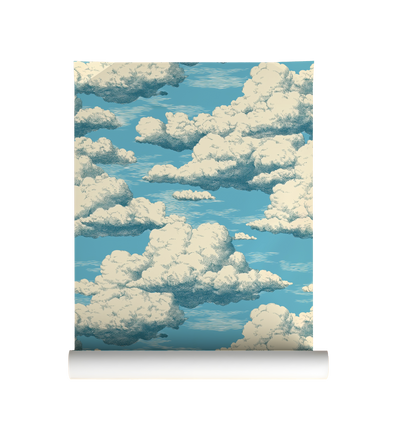 Roll of wallpaper with a design of fluffy white clouds against a blue sky.