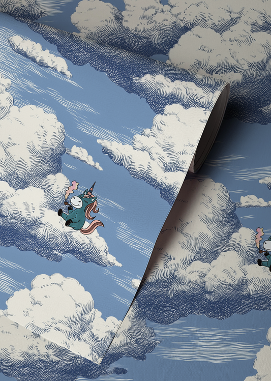 Whimsical cloud wallpaper with a unicorn smoking a pipe and a small bird perched on clouds, vintage sky illustration, playful fantasy peel and stick wallpaper up close